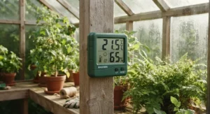 Combined greenhouse thermometer and hygrometer measuring temperature and humidity for healthy plant growth.