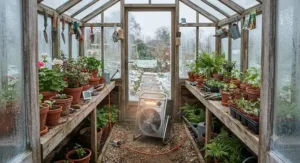 Portable electric fan heater operating inside a wooden potting shed greenhouse for frost protection.