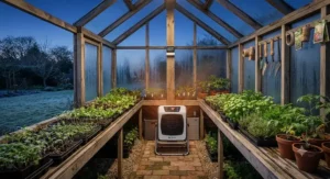 Energy-efficient greenhouse heater operating sustainably to keep tender crops safe during chilly British nights.