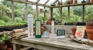A selection of budget-friendly greenhouse thermometers displayed as essential tools for UK home gardening.