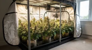 Healthy green plants thriving during the flowering stage inside the open door of the best grow tent.