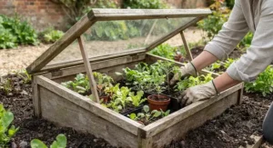 Gardener hardening off young vegetable seedlings inside a compact wooden cold frame