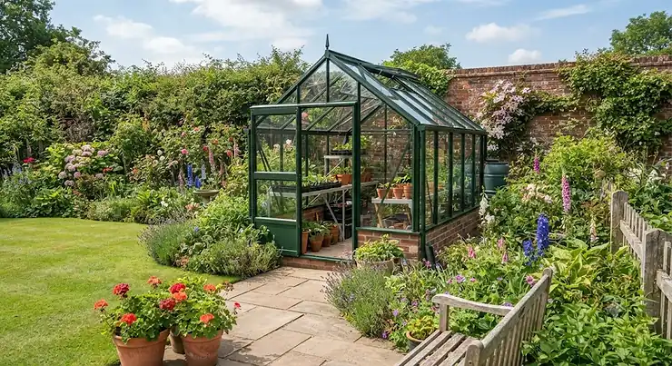 A traditional green aluminium greenhouse installed in a well-maintained British back garden surrounded by flower beds.