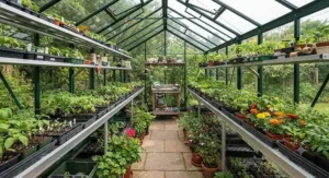 The interior of a green aluminium greenhouse fitted with aluminium shelving and seed trays for propagation.