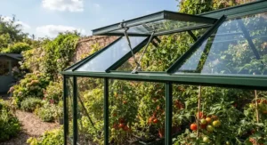 A green aluminium greenhouse roof vent open on a sunny day to regulate temperature for growing tomatoes.