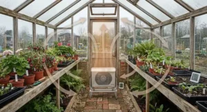 Illustration showing optimal placement of the best greenhouse heater for even heat circulation in a UK allotment greenhouse.