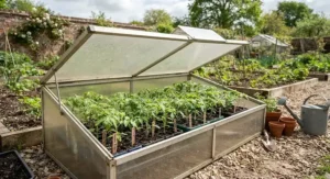 Tomato seedlings in seed trays placed inside a polycarbonate cold frame as part of the UK hardening off process.