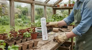 A gardener checking a low-cost thermometer positioned on a potting bench inside a greenhouse.