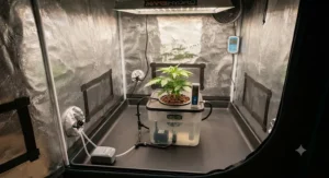 A small hydroponic pot system installed neatly on the waterproof floor tray of a 60x60 grow tent.