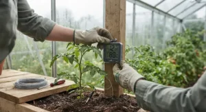 A gardener installing a digital hygrometer for greenhouse crop protection and frost prevention.