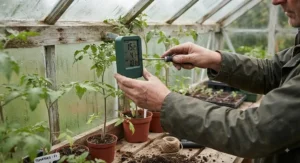 Close-up of a gardener installing a min max thermometer for greenhouse to protect delicate plants from frost.