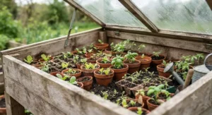 Interior view of a wooden cold frame filled with small terracotta plant pots and seed trays