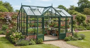 A spacious green aluminium greenhouse featuring toughened safety glass panels and staging inside.