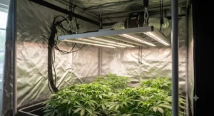 Full-spectrum LED grow lights hanging inside the best grow tent to support healthy plant growth.