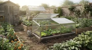 A productive British allotment plot featuring a reliable aluminium cold frame alongside raised beds