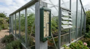 Weatherproof min max thermometer for greenhouse positioned to help monitor ventilation needs.