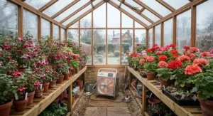 Potted fuchsias and geraniums thriving in a well-heated UK greenhouse throughout autumn and winter.