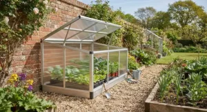 A sturdy aluminium cold frame placed in a sunny, sheltered spot in a UK back garden for hardening off spring crops.