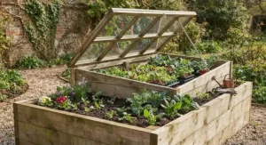 Raised wooden garden bed fitted with a custom cold frame extension for extended growing seasons