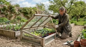 A gardener opening the glazed lid of a timber cold frame to ventilate seedlings during a mild UK spring afternoon.