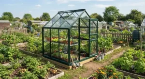 A compact green aluminium greenhouse set up on a British allotment plot with potted plants and seedlings.