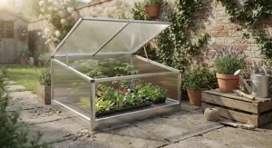 A small aluminium cold frame placed on a paved patio garden for urban growing and urban allotment use