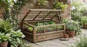 Compact wooden cold frame placed neatly against a brick garden wall in an urban courtyard
