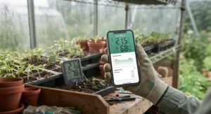 Smartphone displaying app data connected to a digital hygrometer for greenhouse remote monitoring.