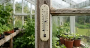 Classic analogue min max thermometer mounted on a wooden frame inside a greenhouse.