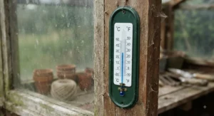 Traditional wall-mounted greenhouse thermometer suitable for a British potting shed or cold frame.