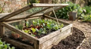 Close-up of a traditional timber cold frame featuring an angled glass lid for maximum sunlight