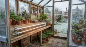 Wall-mounted tubular greenhouse heater providing gentle background warmth along staging in a British greenhouse.