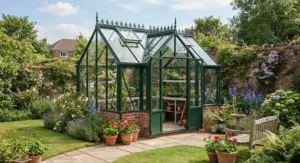 An ornate Victorian-style green aluminium greenhouse with decorative ridge cresting in a suburban garden.