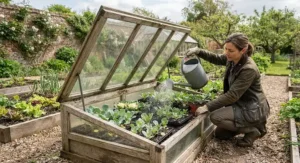 A gardener using a fine-rose watering can to water young brassica seedlings inside an open wooden cold frame.
