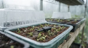 Waterproof digital hygrometer probe inside a greenhouse propagation propagator tray.