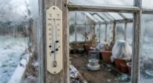 A min max thermometer for greenhouse showing low night-time temperatures during a cold British winter.