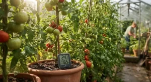 Wireless digital hygrometer for greenhouse use positioned among tomato plants during British summertime.