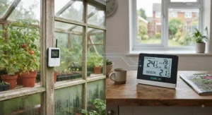 Wireless sensor min max thermometer for greenhouse allowing remote temperature tracking from the home.