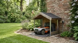 Energy-efficient automatic lawn mowers docked at their charging station in a neat suburban garden