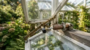 An automatic vent opener for greenhouse installed on a glass roof panel, regulating temperature naturally.