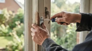 Hands installing an automatic vent opener for greenhouse roof ventilation using a screwdriver.
