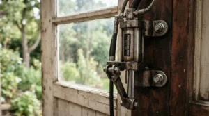 Close-up view of the piston mechanism on an automatic vent opener for greenhouse use.
