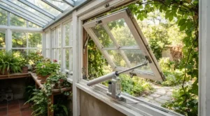 Solar powered automatic vent opener for greenhouse ventilation operating on a sunny afternoon.