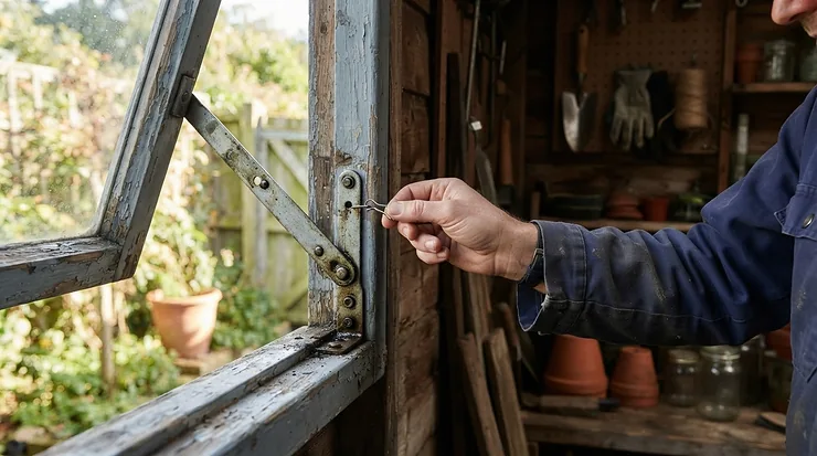 Detaching an automatic vent opener for greenhouse before the winter frost sets in.