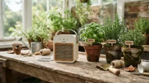 A portable battery-operated greenhouse fan providing vital airflow in a remote allotment greenhouse without mains electricity.