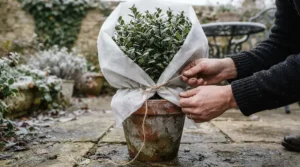 Applying the best horticultural fleece around evergreen shrubs during frosty weather