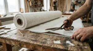 Unrolling a heavy duty roll of the best horticultural fleece on a wooden workbench