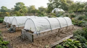 Hoops supporting the best horticultural fleece over wooden raised vegetable beds
