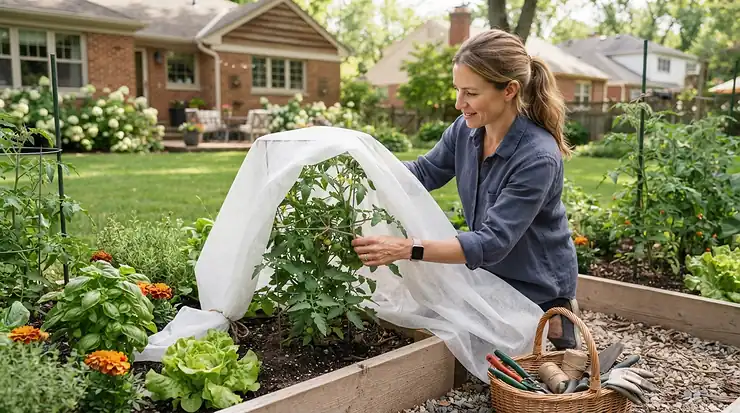 Gardener using the best horticultural fleece to protect tomato plants in a veg plot