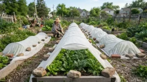 Budget frost protection cover for plants draped across raised vegetable beds on a British allotment